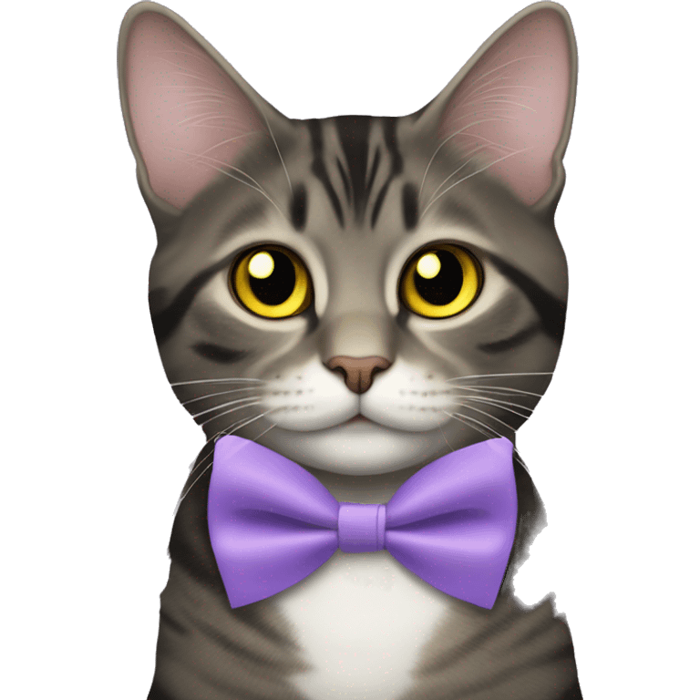 black mackerel tabby cat with a lavender small bowtie and small yellow eyes emoji