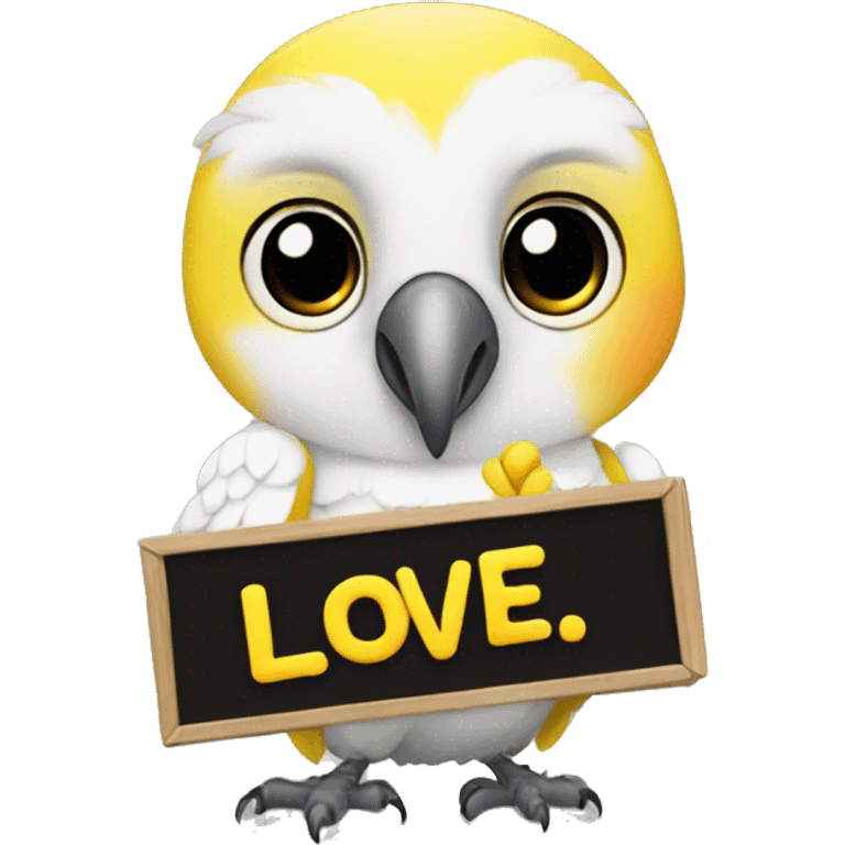 white and yellow parrot  holding a sign with the black inscription i love you emoji