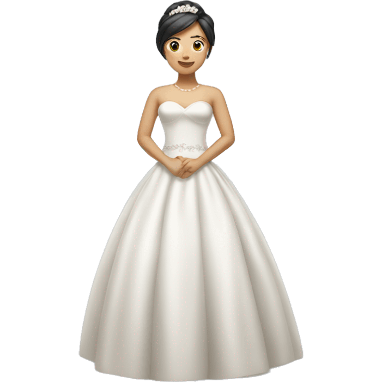 "An Asian girl wearing a wedding dress, standing and looking happy." emoji