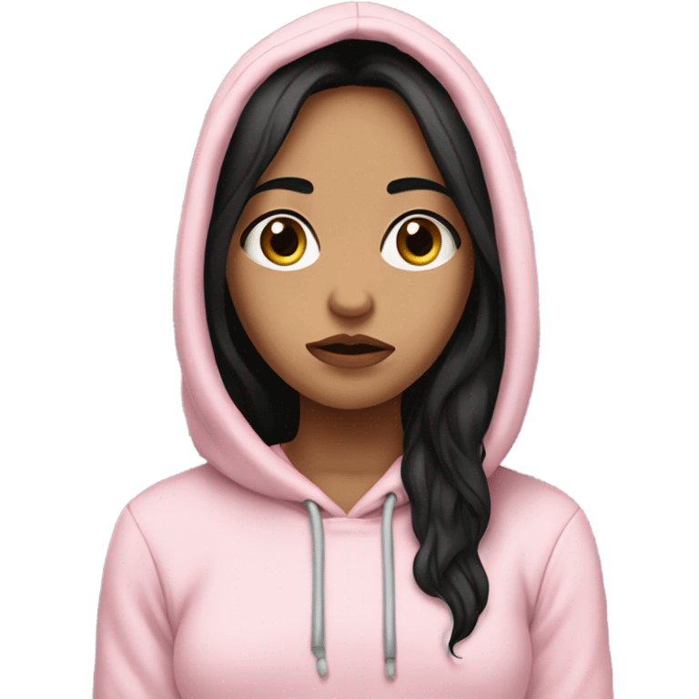 Light skin girl with long black hair wearing pale pink hoodie with hand on her face with a disappointed face  emoji