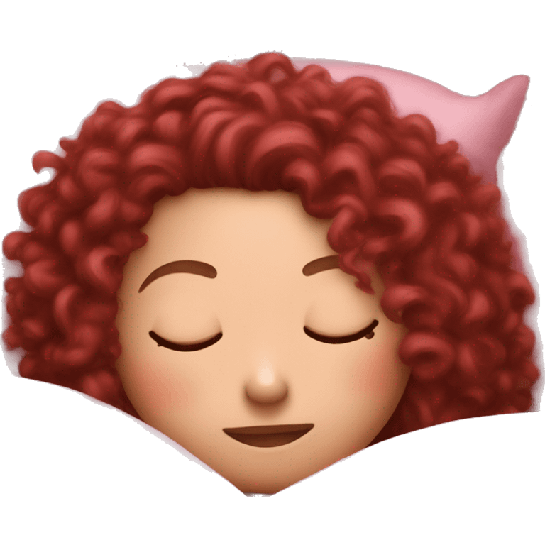 gorgeous white woman with long burgundy curly hair sleeping in fluffy pink bed emoji