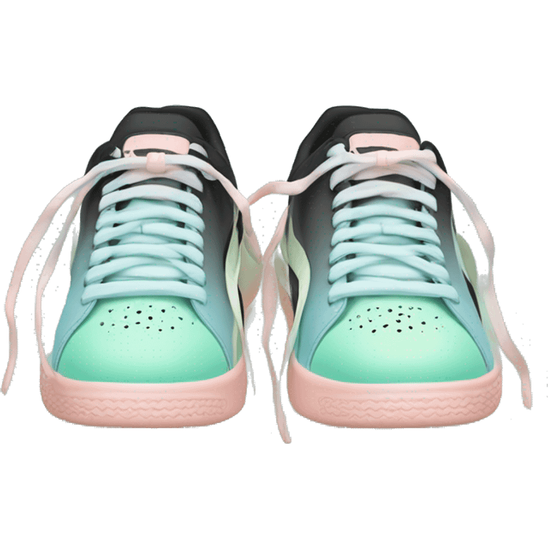 Realistic pair of pastel blue pastel green peach and black ombre Puma sneakers isolated.  emoji