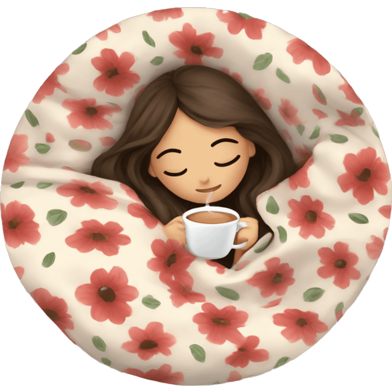 girl brunette inside a blanket sipping coffee eyes closed, floral blanket  emoji