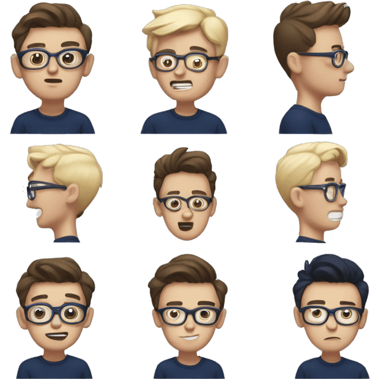 23 old stylish ,tech kid with, different emotions, wearing navy blue t-shirt, white skin, wearing glasses emoji