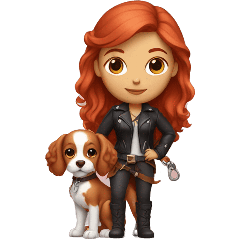 red-haired girl in leather holding a Cavalier puppy emoji