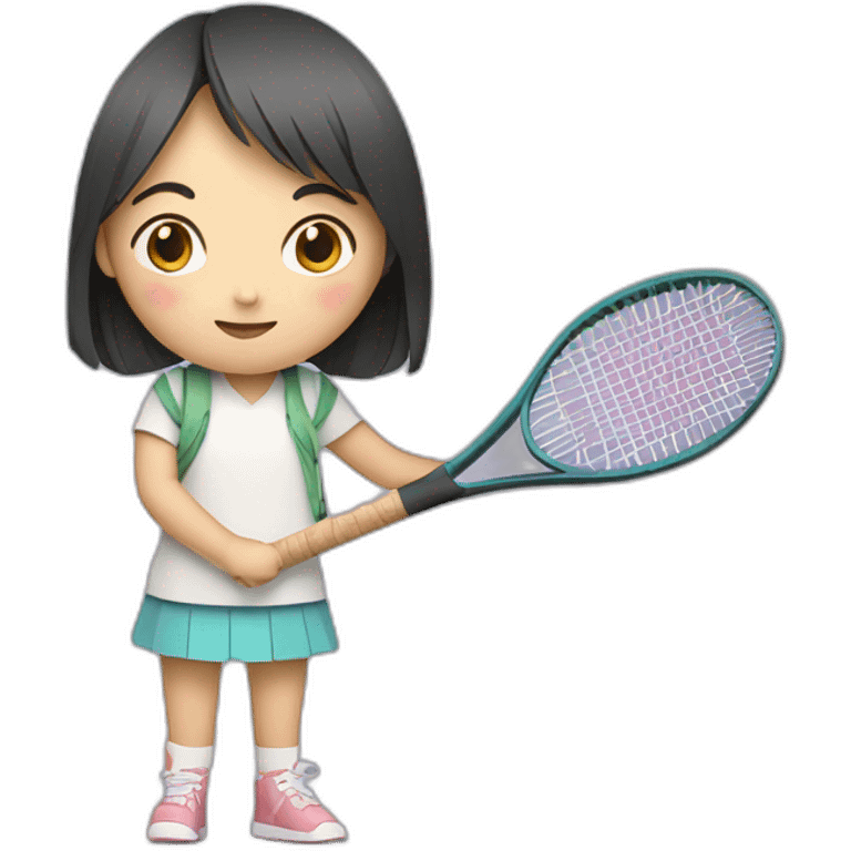 a little chinese girl hugging a tennis racket in paper art style emoji