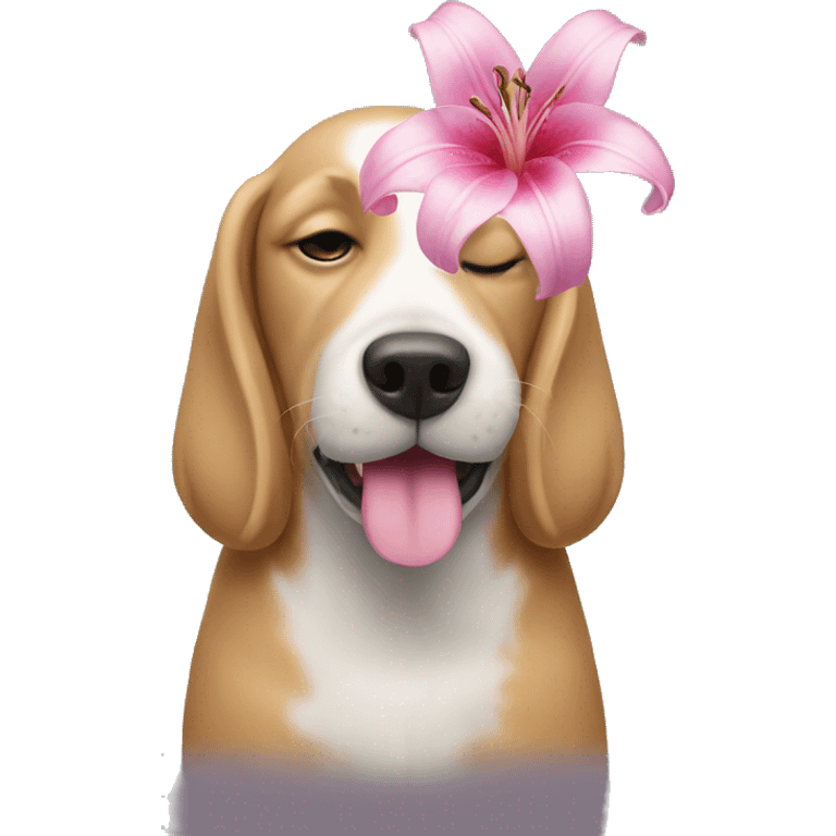 Dog smelling a pink lily emoji