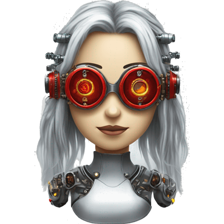 Silver long hair female cyborg head with red steampunk goggles and circuits emoji