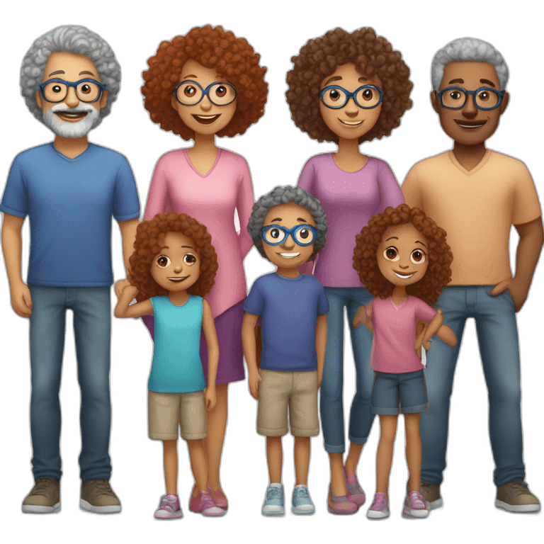 family of four father with gray hair mother with red curly hair and blue glasses son with brown hair and little daughter with curly brown hair emoji