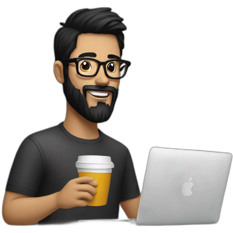 Designer with black hair, beard and glasses working with MacBook and drinking cappuccino  emoji