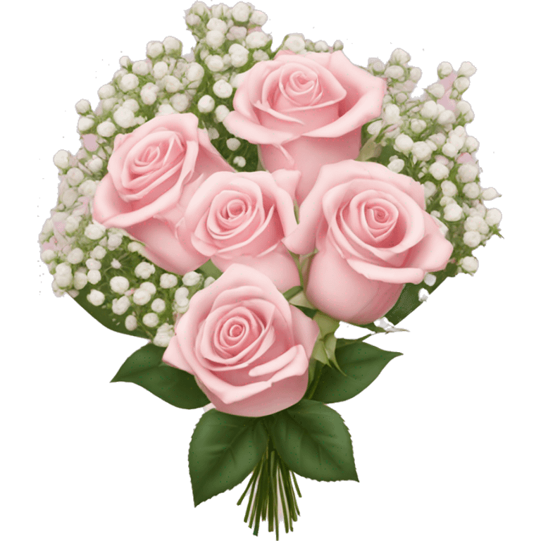 light pink roses and babies breath in a bouquet with a bow around the stems emoji