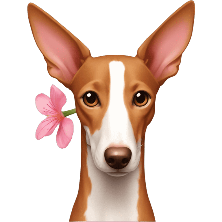 Un podenco marrón con el pelo rosa y una flor en el pelo emoji