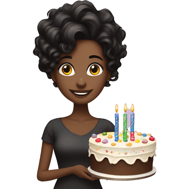 Beautiful black wavy hair Girl holding birthday cake  emoji