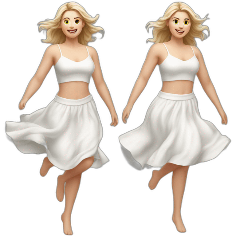 Hyperrealistic Full body Caucasian curvy beauty jumping white skirt back and front views strong wind emoji