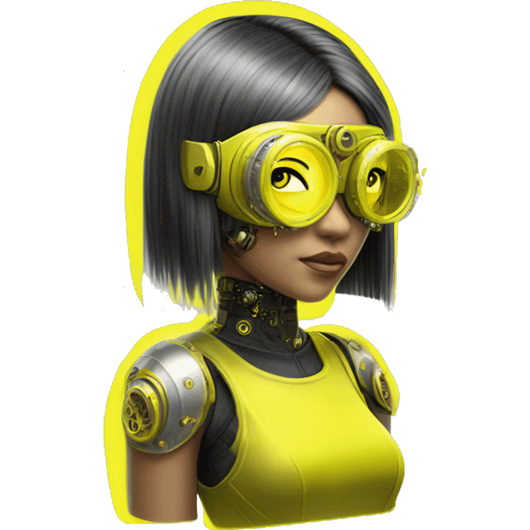 Neon yellow bobbed hair Asian female cyborg head with silver steampunk goggles and circuits emoji