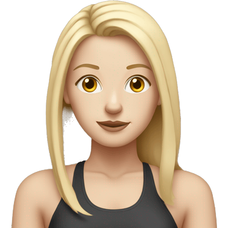 white woman with long blonde hair and cat shaped eyes wearing a yoga outfit  emoji