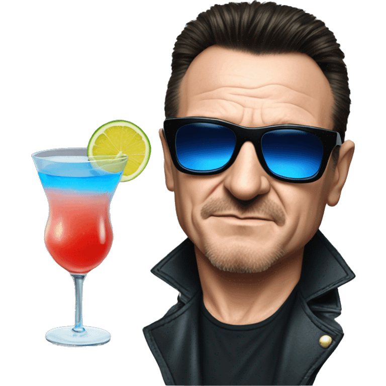 Bono with blue tinted sunglasses and a cocktail emoji