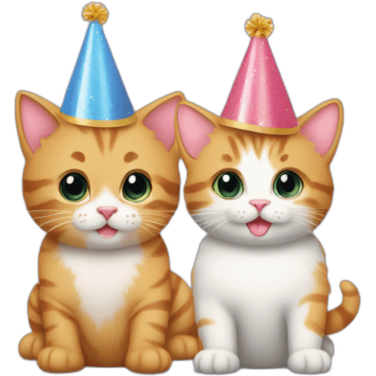 kitten and cat wearing birthday hats emoji