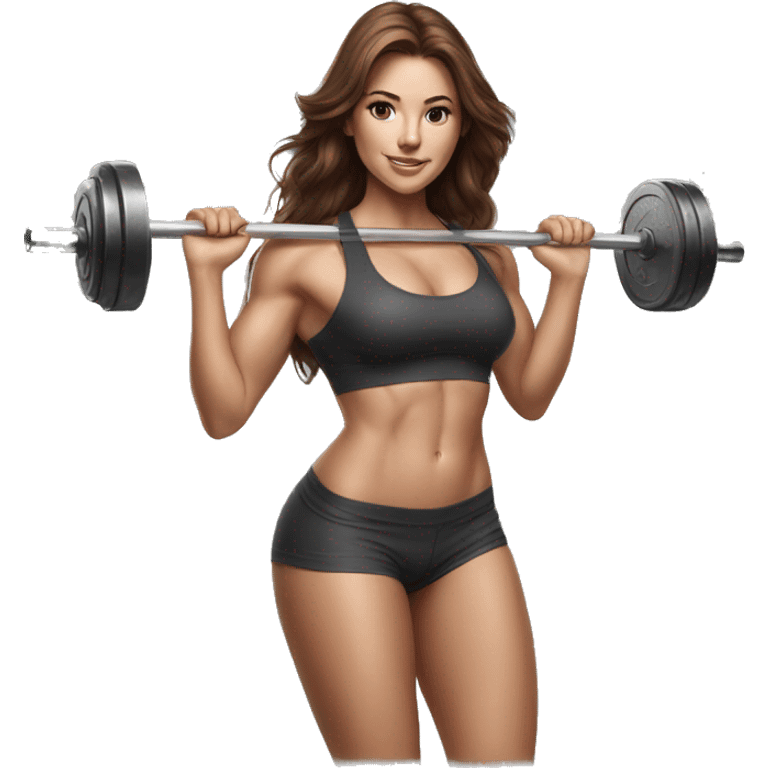 Hyperrealistic pencil drawing of athletic sexy girl in full height with brown hair and barbell emoji