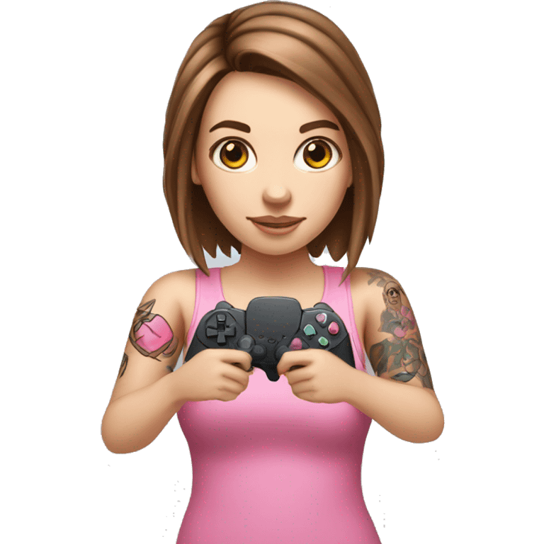 White girl with arm tattoo and brown hair holding a pink game controller emoji