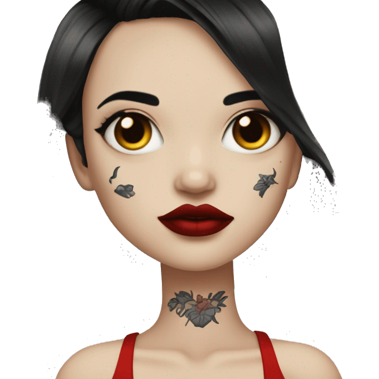 Pale black haired girl with black tattoos on body wearing red lipstick  emoji