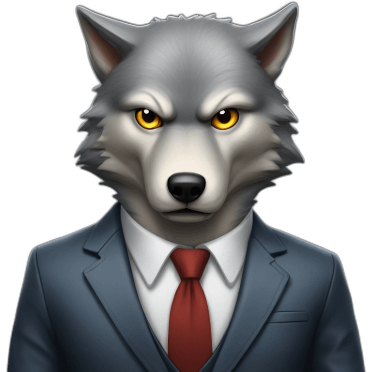 Portrait of Big Bad Angry Wolf with a human-like face wears a sleek jacket and tie like a salesman emoji