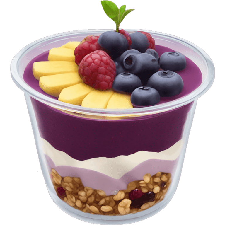 Açaí in a clear cup with layers of fruits and granola and condensed milk emoji