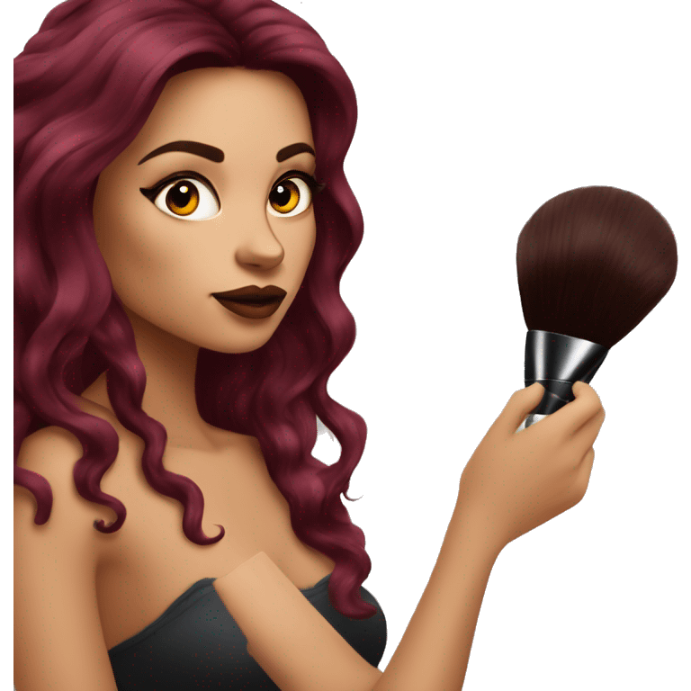 Beautiful tattooed burgundy long haired woman doing her makeup emoji