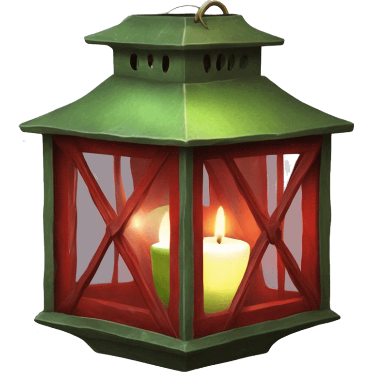 Realistic red rustic lantern with glass windows with lit candle inside and a peridot green silk bow on top of the lantern holder. emoji