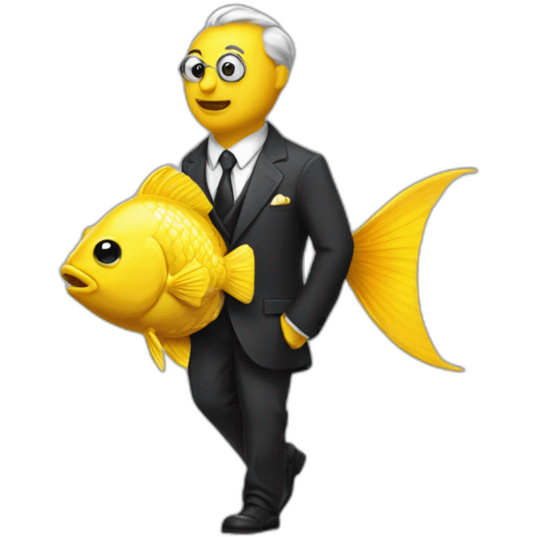 a yellow fish with a monocle wearing a smart suit walking  emoji