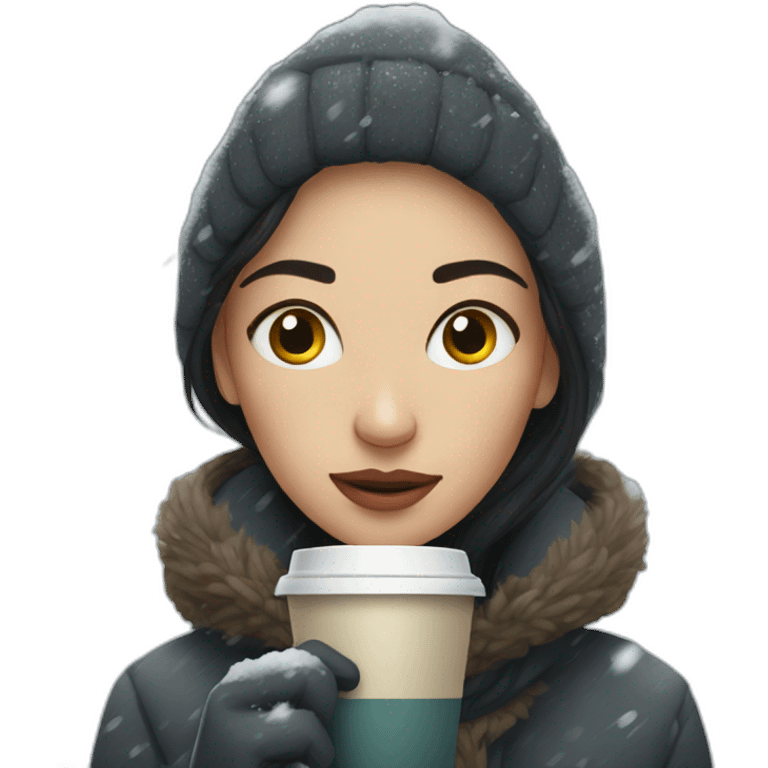 woman in a snowstorm holding a coffee cup emoji