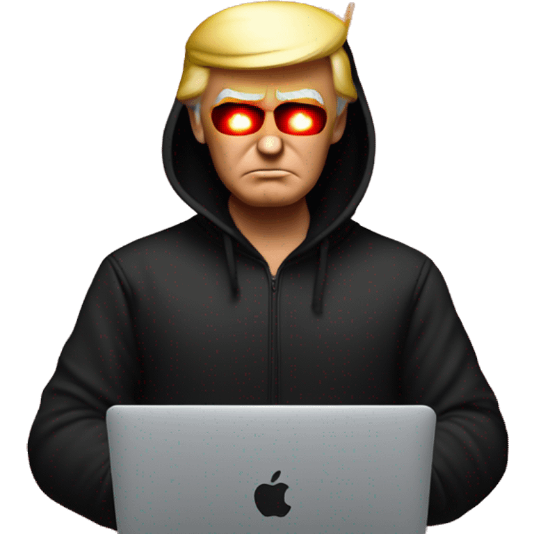 Donald Trump in a black hoodie with bright red glowing laser eyes typing on a MacBook, Donald Trump, black hoodie, bright red glowing eyes, typing on MacBook. emoji