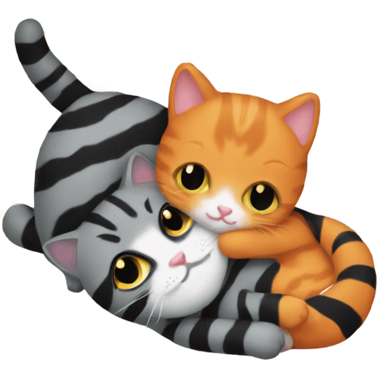 Orange cat and black and grey striped cat hugging emoji