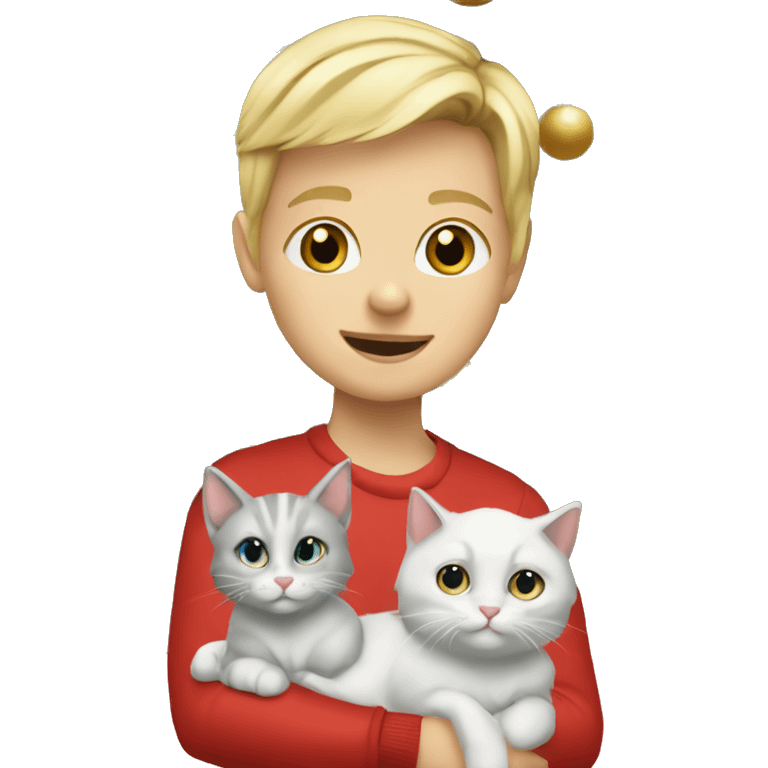 Blond kid with two white and grey Sibirien cats under a Christmas tree emoji