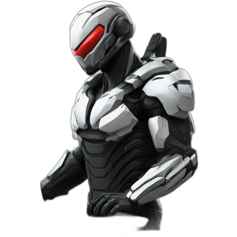 Side view developer behind his laptop with this style : Crytek Crysis Video game with nanosuit hacker themed character emoji