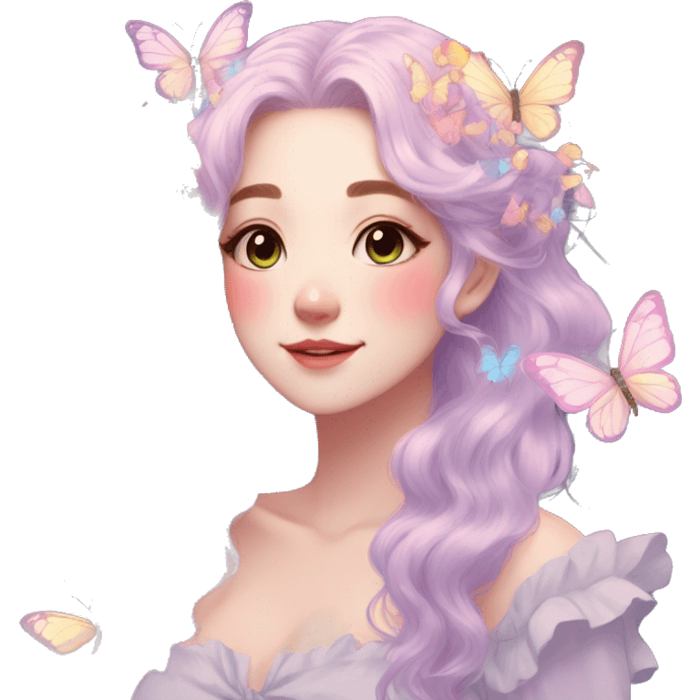 gorgeous anime pastel lady with butterflies and beautiful hair fairycore cottagecore emoji