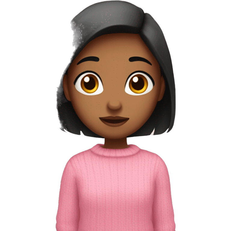 A girl with straight black hair in a pink sweater shows her heart with her hands emoji