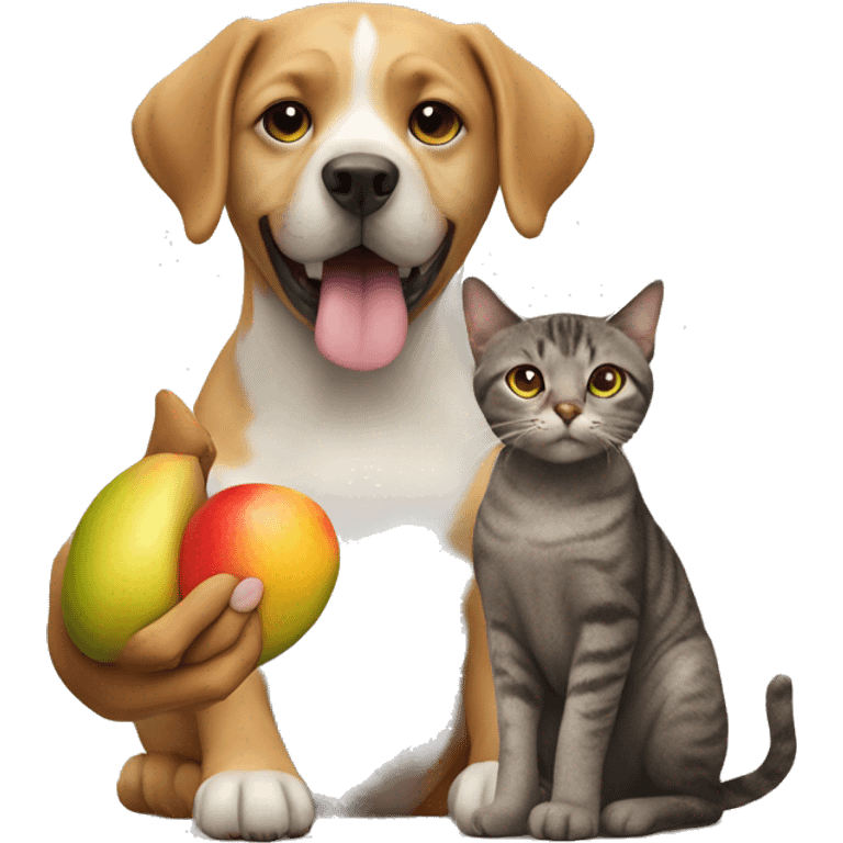 A dog holding a grape and a cat holding a mango emoji