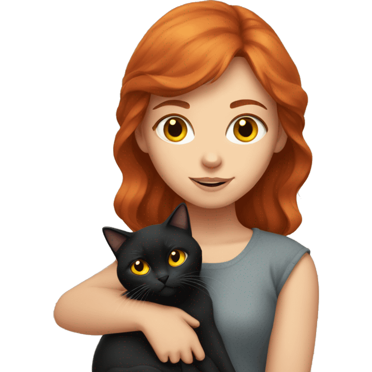 A red-haired girl holds a black British cat with yellow eyes in her arms emoji