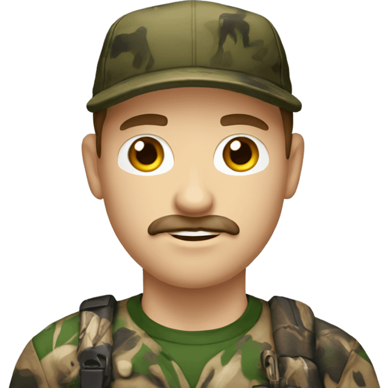 White guy with brown hair, cap, black mustache and hunting camo shirt emoji