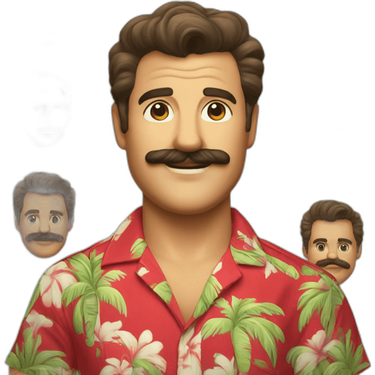 Smiling Magnum PI with a big mustache in a red Hawaiian shirt emoji