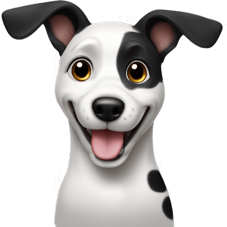 white dog with black spots and black ears smiling and giving a thumbs up emoji