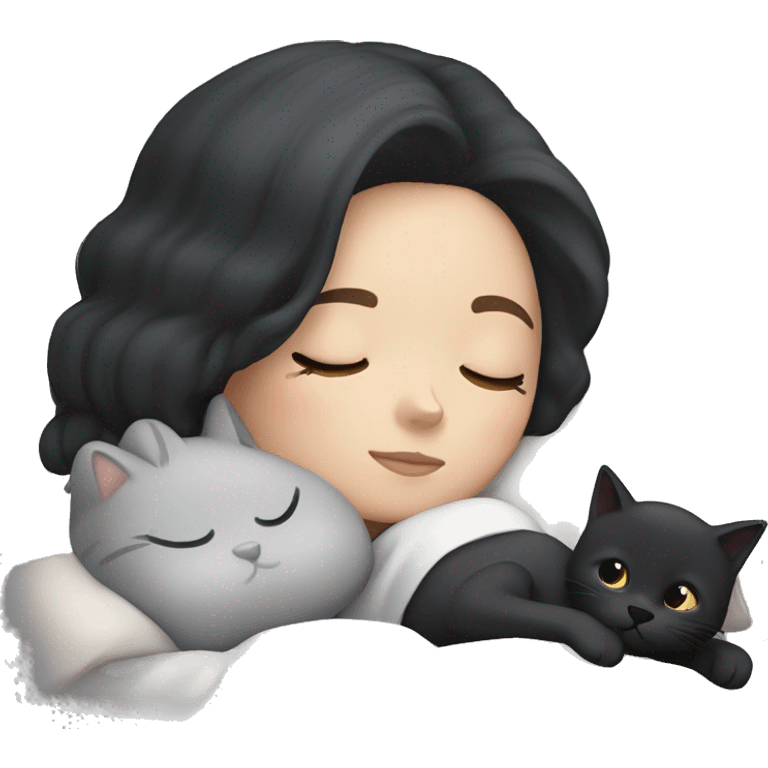 white girl with black hair sleeping with a gray cat emoji