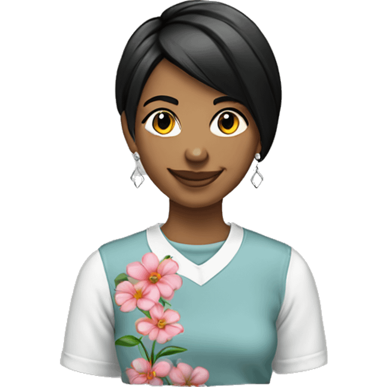 smiling girl with flower earrings black short hair packing a custom shirt order emoji