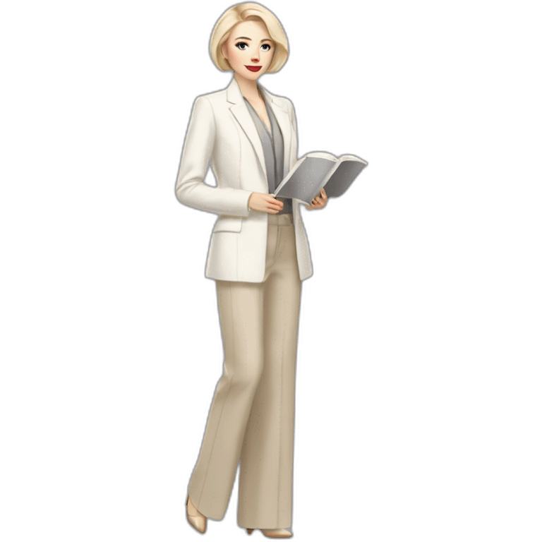 Full height pale skin woman with ash blonde Straightened bob Hair, White Spacious classical jacket, beige palazzo Arrow pants and gray blouse holding a color palette in the hands emoji