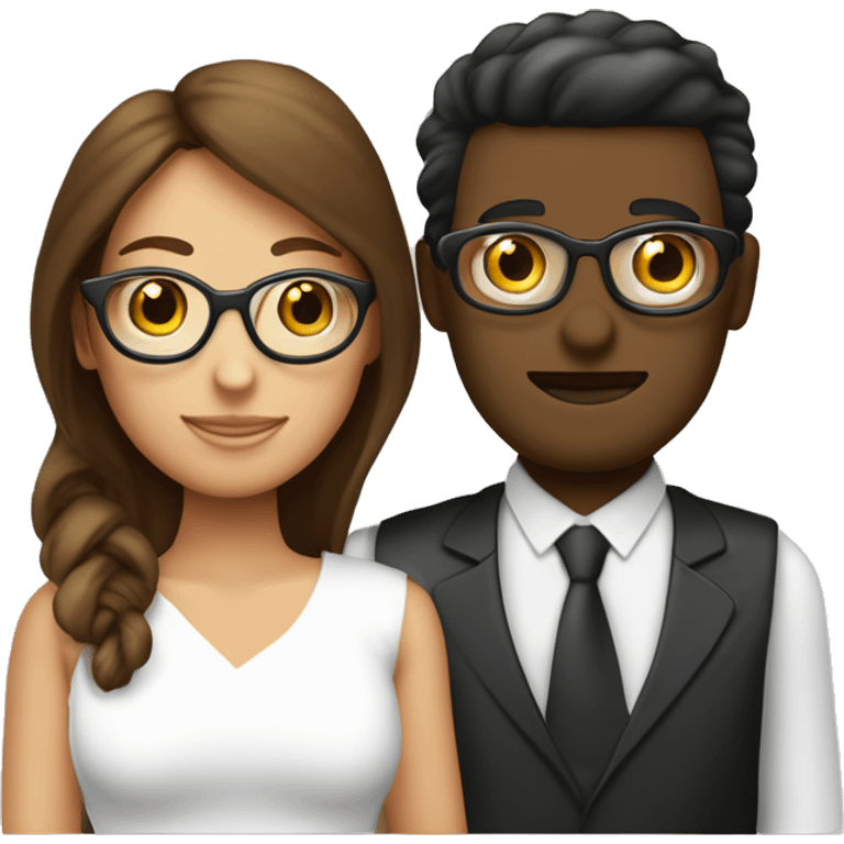 Crea una pareja que la mujer sea de un tono de piel morena que tenga cabello oscuro y que no tenga gafas luego a su novio créalo un hombre de tono de piel blanco y su tono de cabello rubio y en su cara con gafas emoji