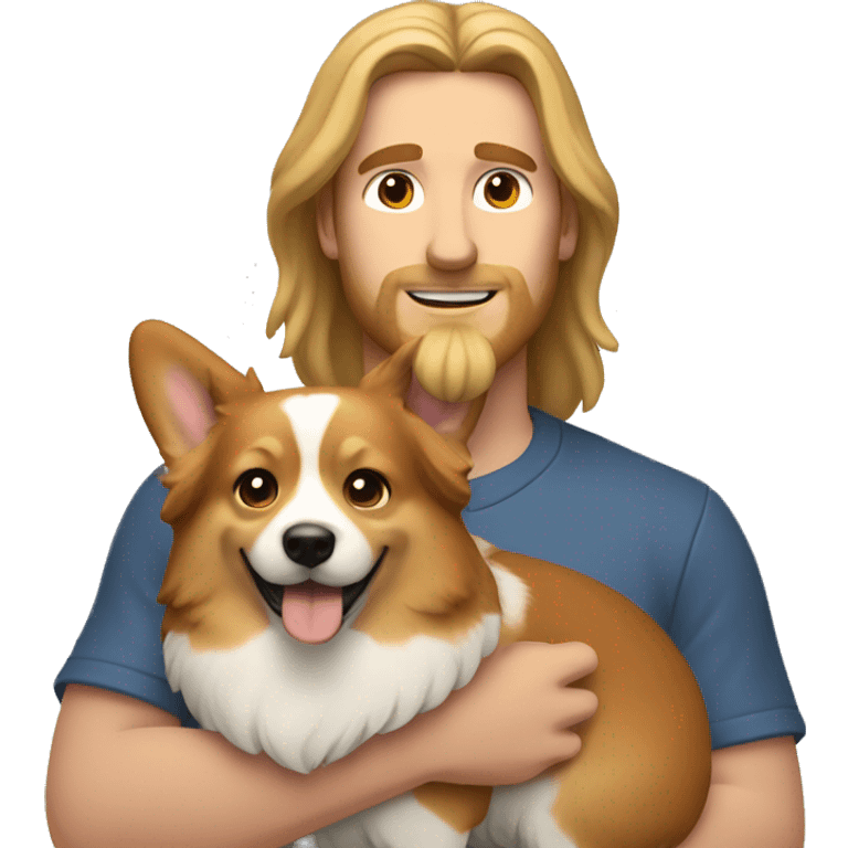 man with long hair with corgi in his arms emoji