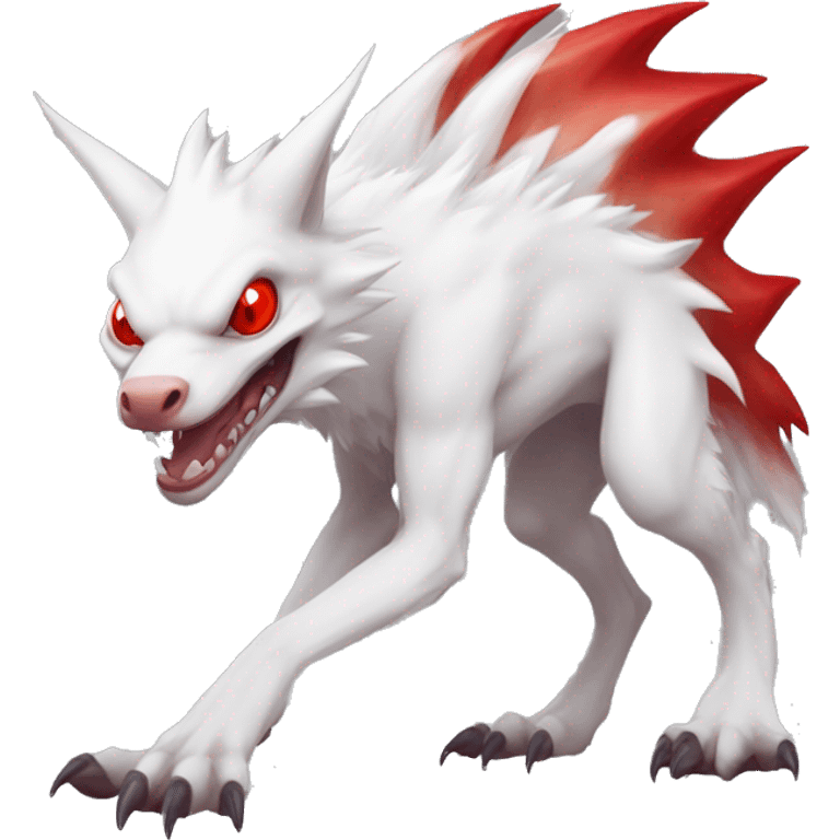 White edgy cute epic albino sergal-vernid-Fakémon with red mane and red eyes, full body emoji