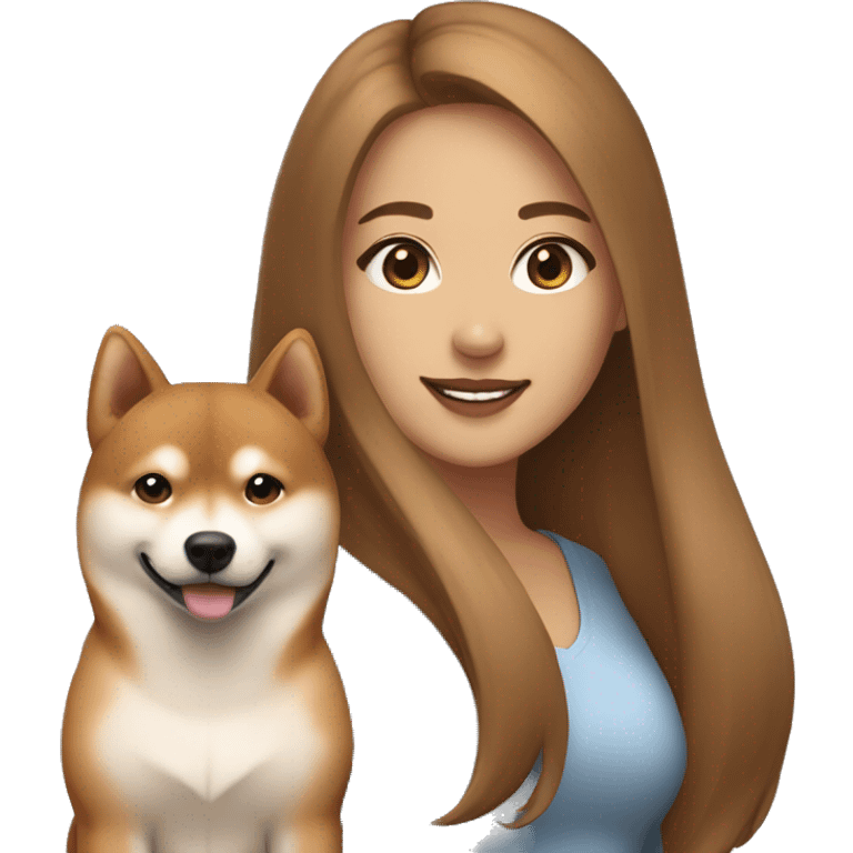 beautiful woman, straight long light brown hair, brown eyes smiling with dog Shiba Inu emoji