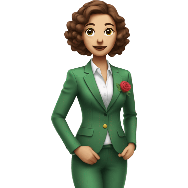 Woman with brown hair in green suit with rose on stomach sprayin perfume emoji